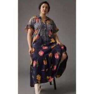 Anthropologie Ruffle Sleeve Maxi Button Front Dress in Blue Floral Motif Size 2X